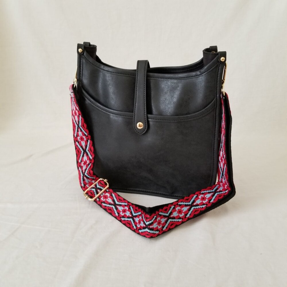 NWOT! Black Faux Leather Purse Shoulder Crossbody Bag with Embroidered Strap - Picture 10 of 12